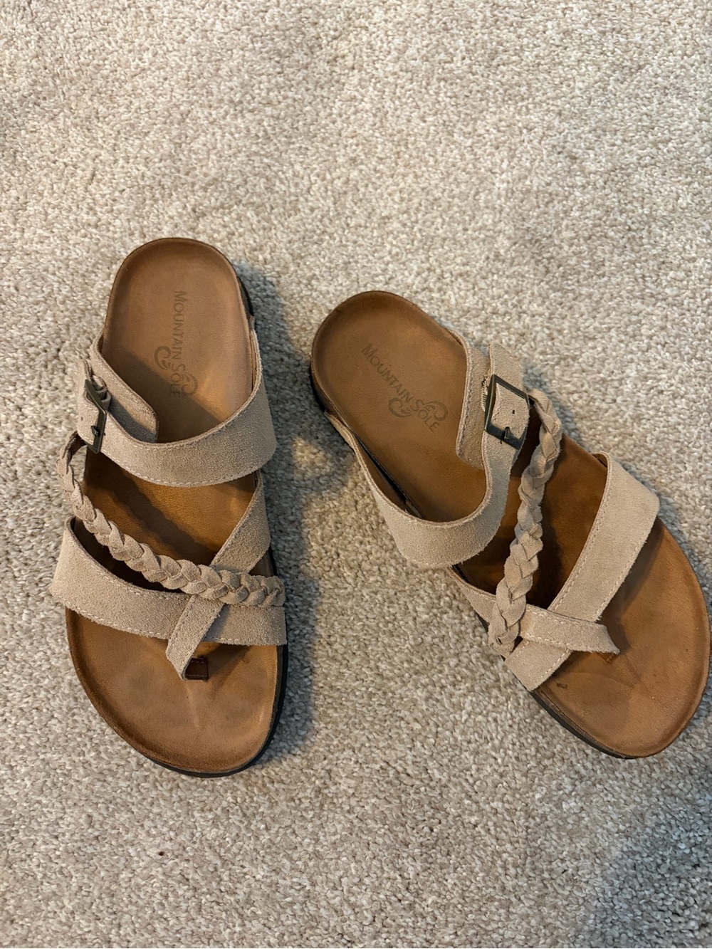 Women's Braided Strap Taupe Slide Sandals with Buckle